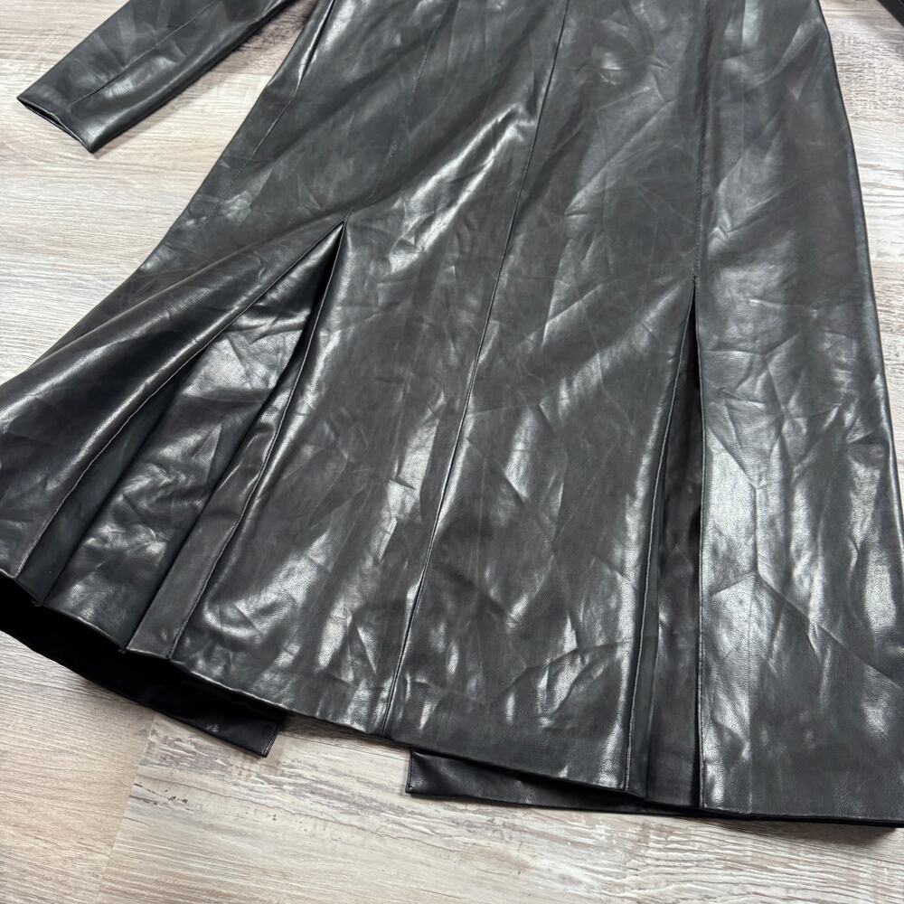 Vintage Y2K Black Faux Leather Trench Coat Long Matrix Goth Moto Duster Fall 16 - Picture 4 of 8